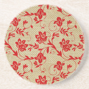 Unique Floral Pattern On Linen Custom Red Drink Coaster