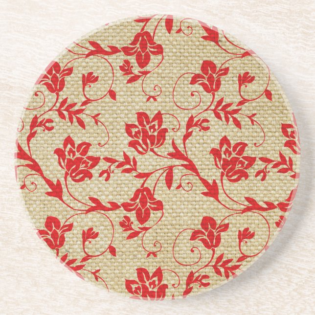 Unique Floral Pattern On Linen Custom Red Drink Coaster (Front)