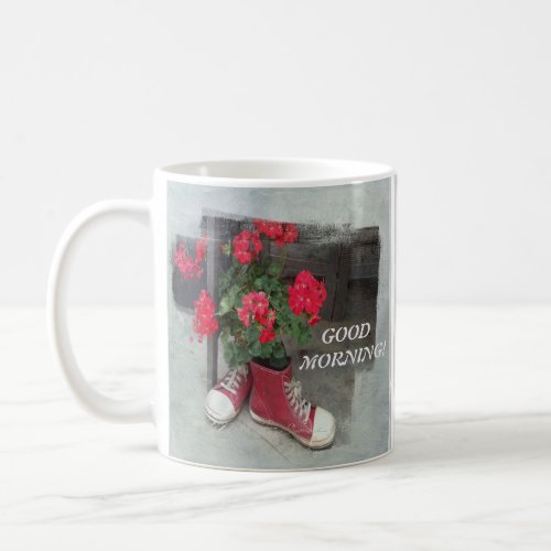 UNIQUE FLORAL RED GERANIUMS AND RED SNEAKERS COFFEE MUG