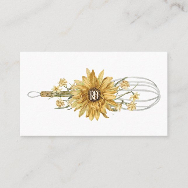 Unique Floral Wooden Whisk Sunflower Bakery Business Card (Front)