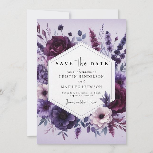  Unique Florals Purple Floral Wedding  Save The Date (Front)