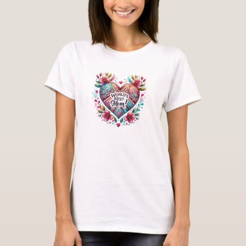 Unique folk motifs heart spring Worlds best mom T_Shirt
