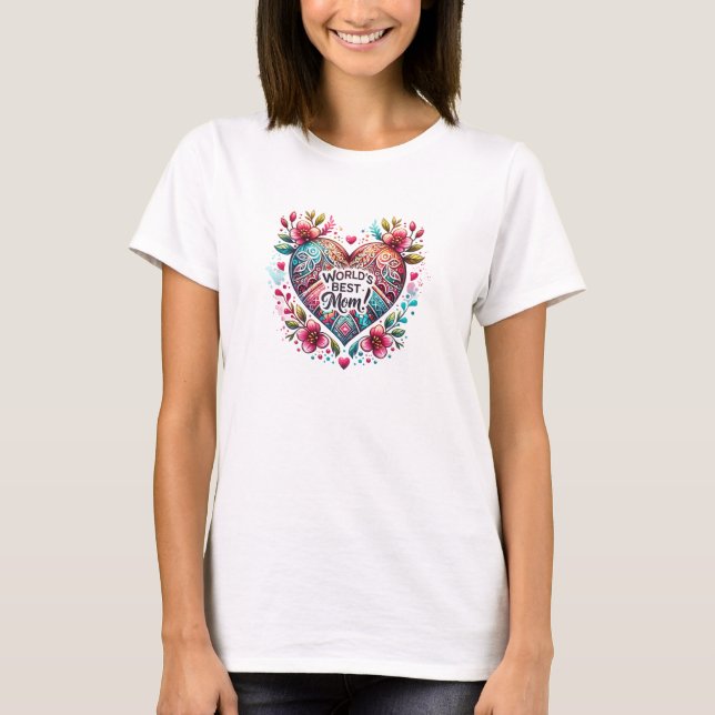 Unique folk motifs heart spring World's best mom T-Shirt (Front)