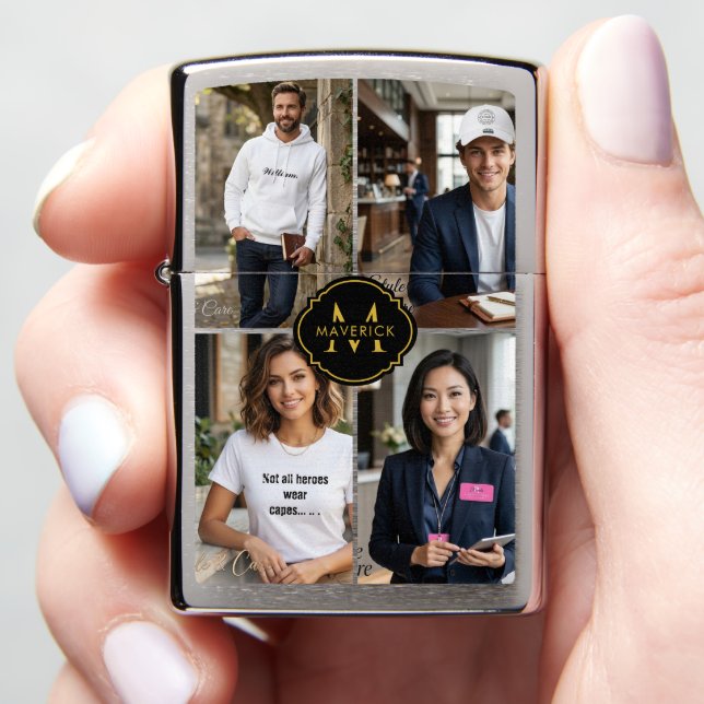 Unique Four Picture Initial Name Personalized Zippo Lighter (In Hand)
