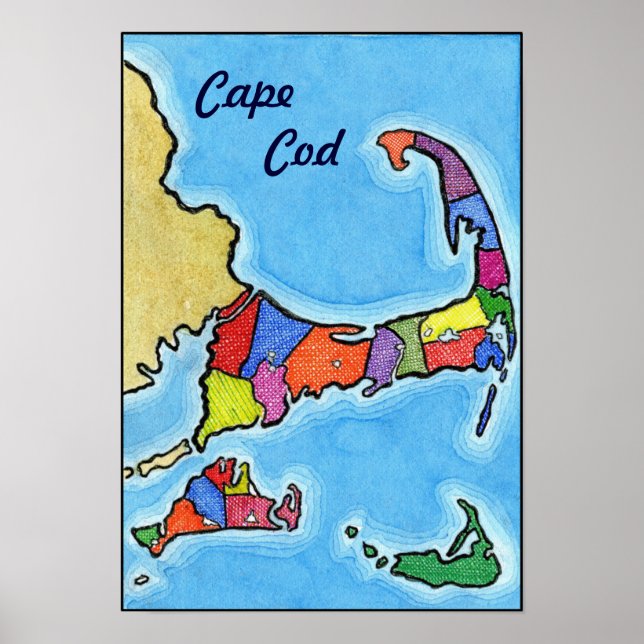 Unique Fun and Colorful Cape Cod Map Poster (Front)