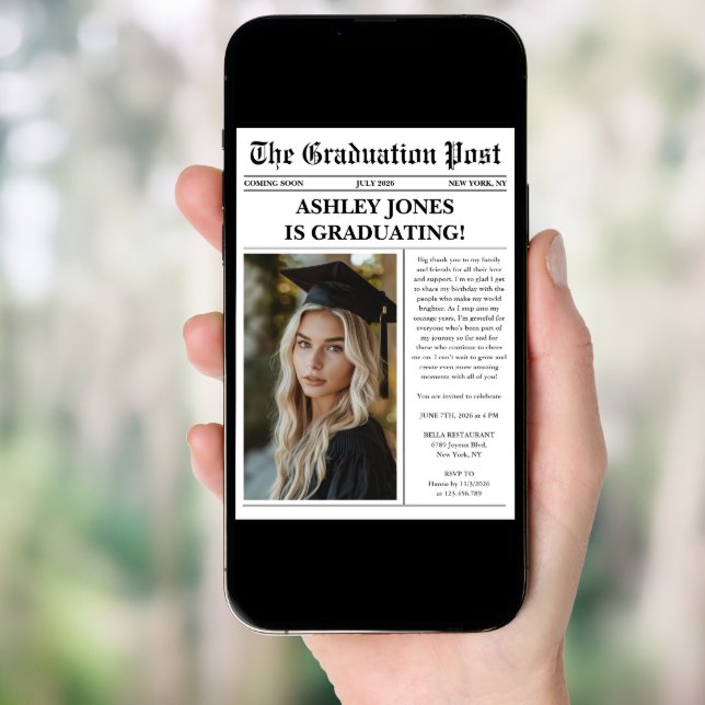 Unique Fun Newspaper Photo Graduation  Invitation (Front Digital)