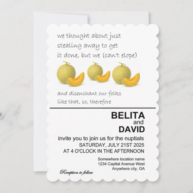 Unique, funny cantaloupe wedding invitation (Front)