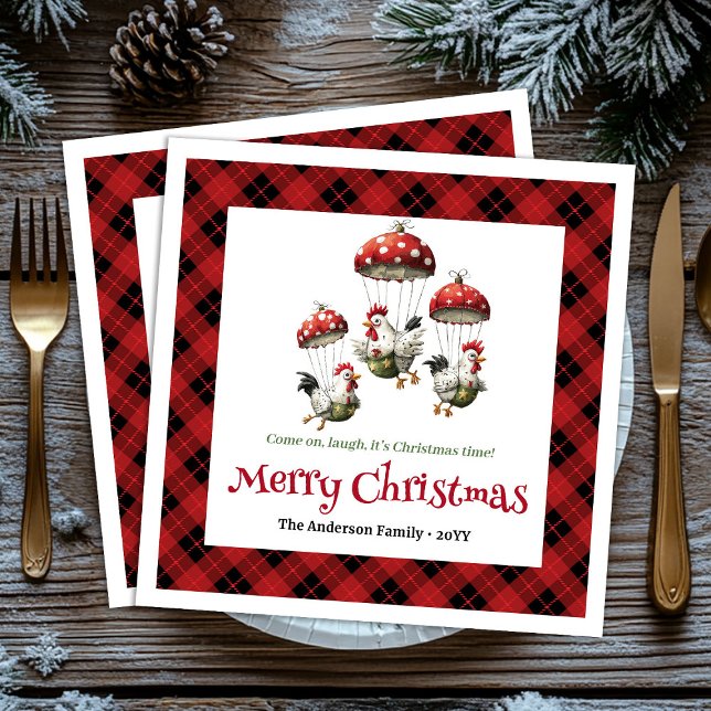 Unique Funny Chickens Editable Custom Name Holiday Napkins (Sweet Whimsical Chickens Personalized Red Green Cartoon Christmas Napkins

)