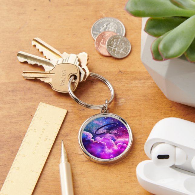 Unique Galaxy Space Rose Sparkly Monogram Purple Keychain (Desk)