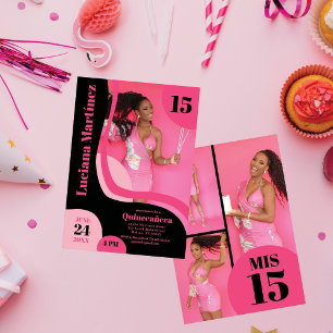 Unique Geometric Pink Black Four Photo Quinceañera Invitation