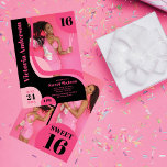 Unique Geometric Pink Black Four Photo Sweet 16 Invitation<br><div class="desc">This girly and modern sweet sixteen birthday party invitation is perfect for the contemporary teen. It features hot pink, medium pink, and black abstract geometric shapes with a bold font that compliments the vibrant colors. It also includes four photos of the guest of honor. It's fun, playful, unique, and cool;...</div>