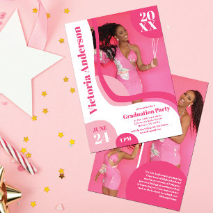 Unique Geometric Pink White Four Photo Graduation Invitation