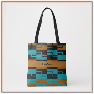 Unique Geometric Turquoise Blue Black and Brown Tote Bag