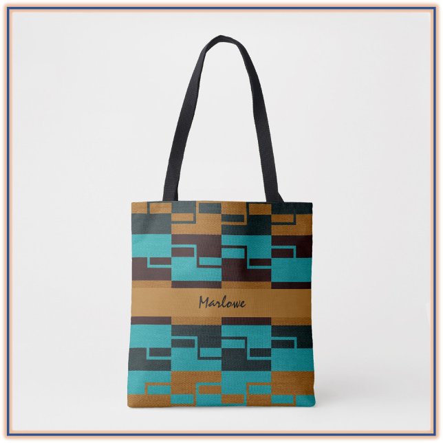 Unique Geometric Turquoise Blue Black and Brown Tote Bag (Creator Uploaded)