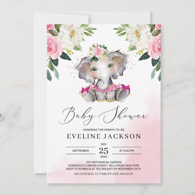 Unique girl tutu ballerina elephant boho baby invitation (Front)