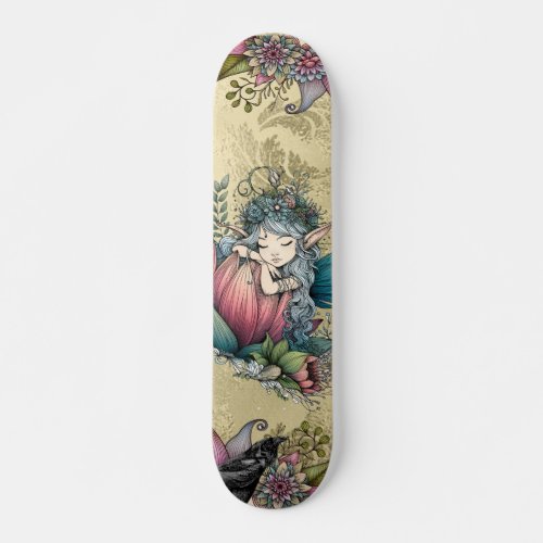 Unique Girly Watercolor Floral Elf  Raven Skateboard