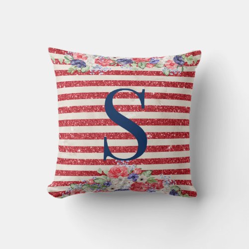 Unique glittery  floral pattern US flag colours  Throw Pillow
