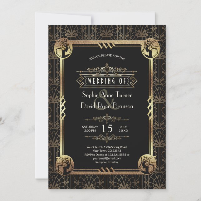 Unique Gold Black Great Gatsby Art Deco Wedding Invitation (Front)
