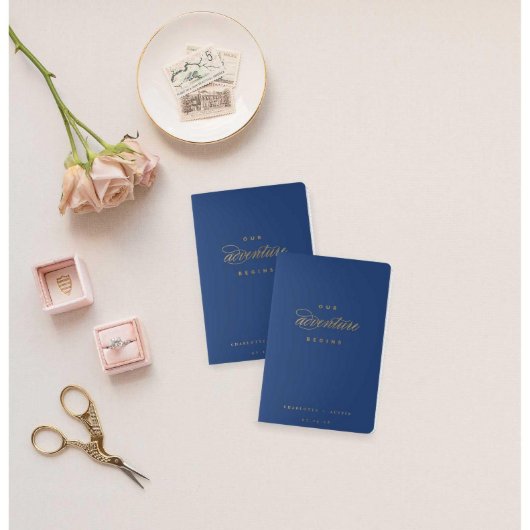 Unique Gold Foil Navy Blue Wedding Vow Book Set (Front)