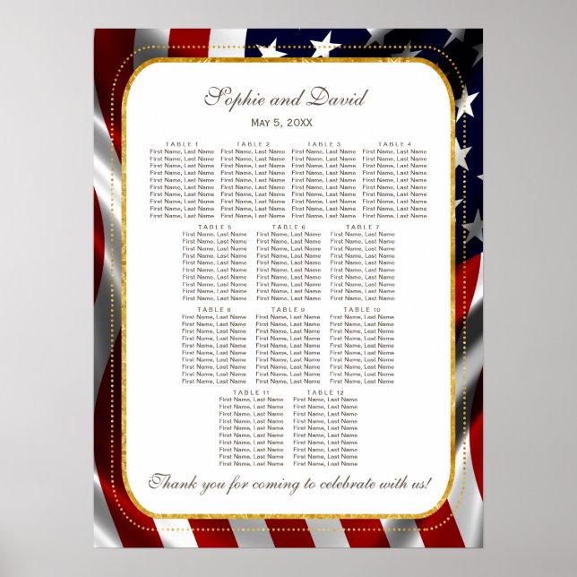 Unique Gold Foil USA Flag Wedding Seating Chart (Front)