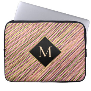 Unique Gold Glitter Stripes Monogram Laptop Sleeve