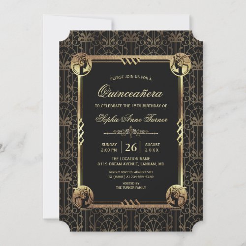 Unique Gold Great Gatsby Art Deco Quinceaera Invitation