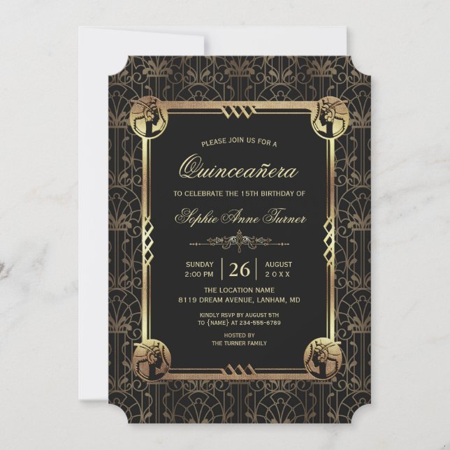 Unique Gold Great Gatsby Art Deco Quinceañera Invitation (Front)