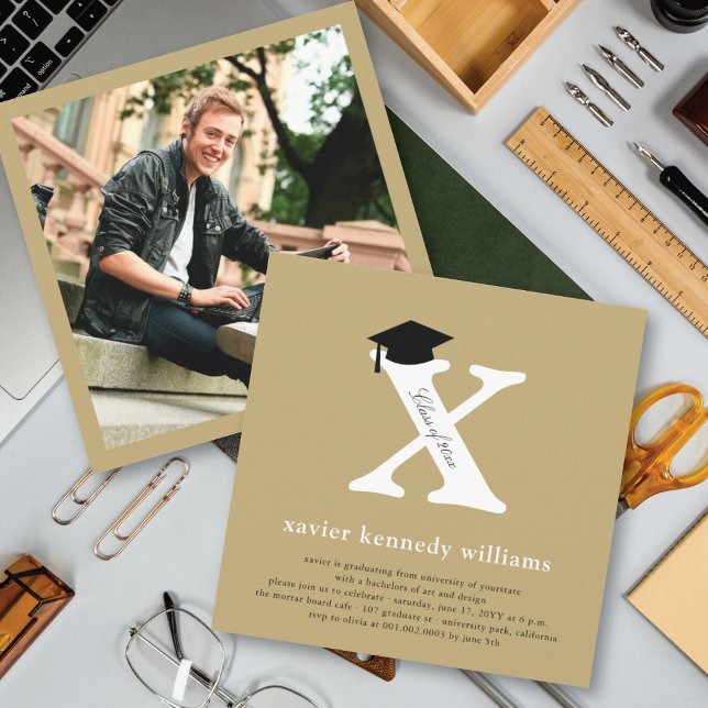 Unique Gold Monogram X Graduation Cap Photo Party Invitation (Creator Uploaded)