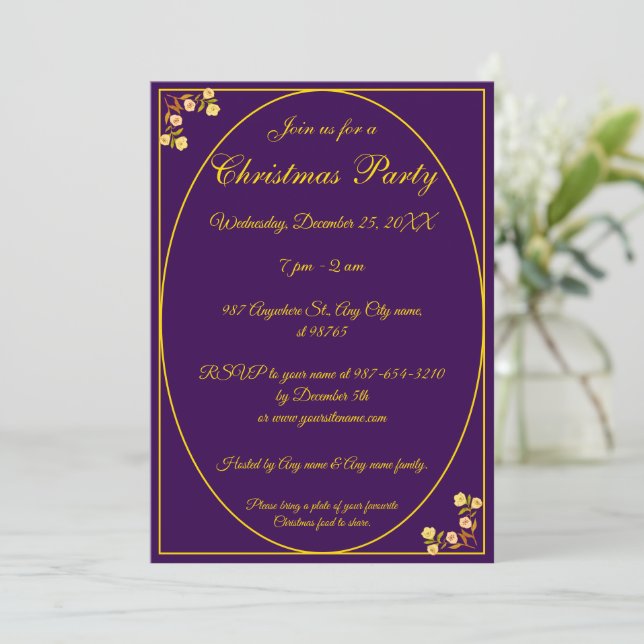 Unique Gold Purple Christmas Party Merry & Bright  Invitation (Standing Front)