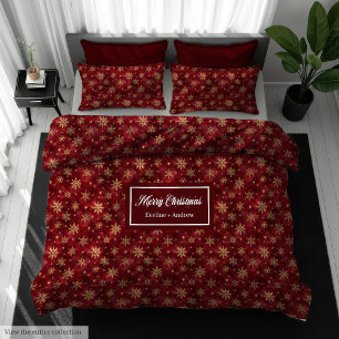 Unique gold snowflakes deep red Christmas duvet Cover