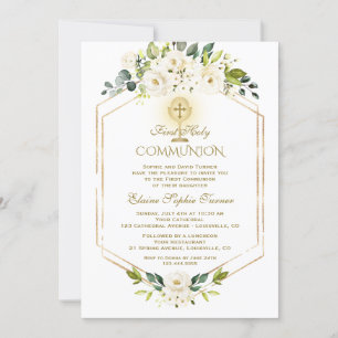 Unique Gold White Flowers First Holy Communion Invitation