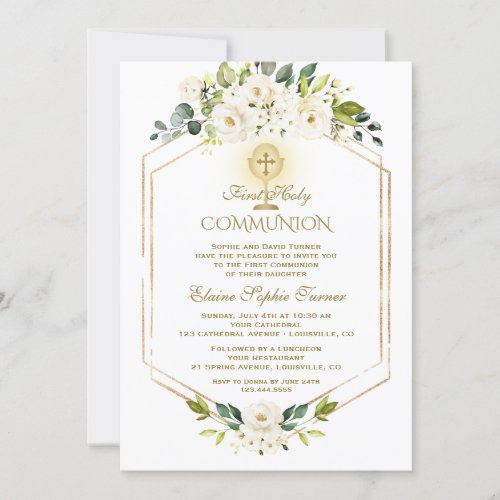 Unique Gold White Flowers First Holy Communion Invitation