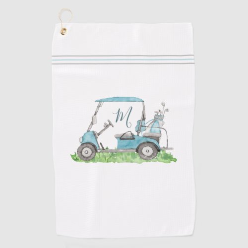 Unique Golf Cart Blue Monogram Watercolor  Golf Towel