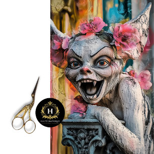 Unique Gothic Gargoyle Pink Flowers Decoupage Tissue Paper