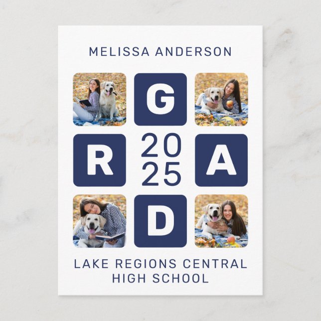 Unique Grad Navy Blue White 4 Photo Graduation Invitation Postcard (Front)