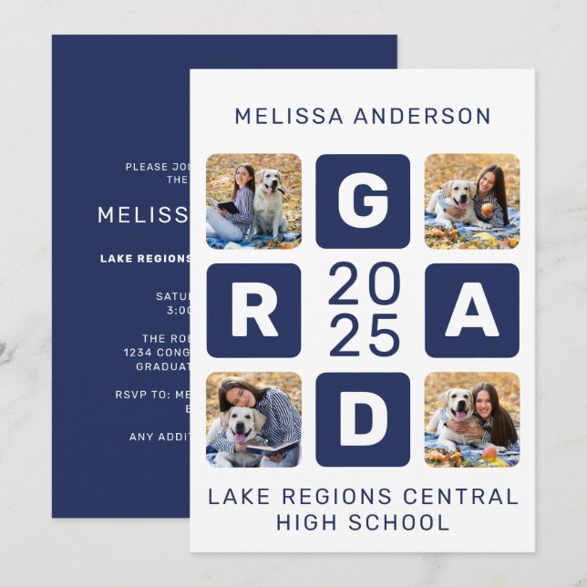 Unique Grad Navy Blue White 5 Photo Graduation Invitation (Front/Back)