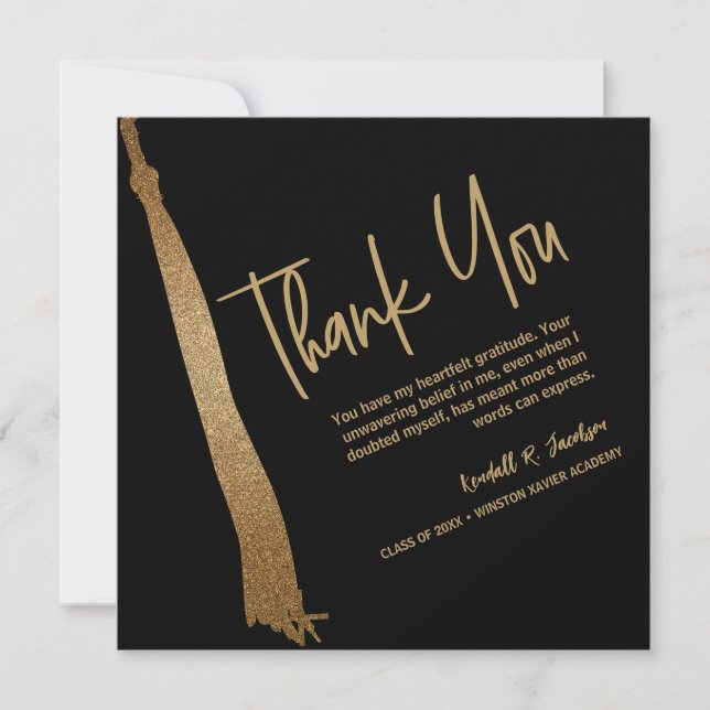 Unique Graduation Black Gold Tassel  Thank You Card (Front)
