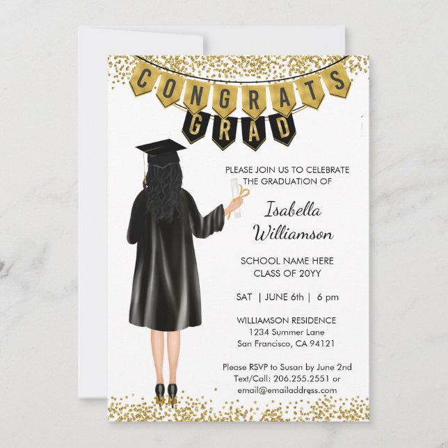Unique Graduation Invitation Black Hair (Front)