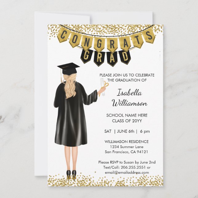 Unique Graduation Invitation Blonde Hair (Front)