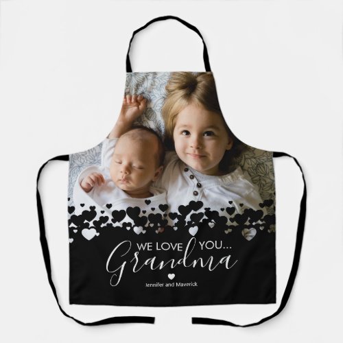 Unique Grandma Photo Apron - Their is no better cook than grandma! Looking for a special gift for your grandmother, then this personalized apron is perfect featuring a precious family photo of the children, a modern cute heart border design, the saying "we love you grandma", and the grandchildrens names.