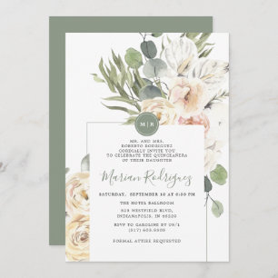 Unique Gree Floral Eucalyptus Monogram Quinceañera Invitation