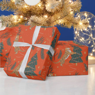 Unique Green and Red Christmas Tree Tiger Wrapping Paper