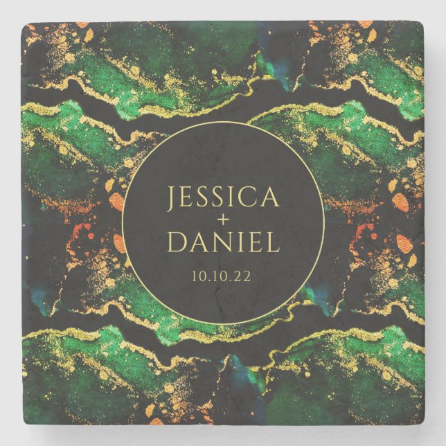 Unique Green Black Bronze Gold Wedding Stone Coaster (Front)