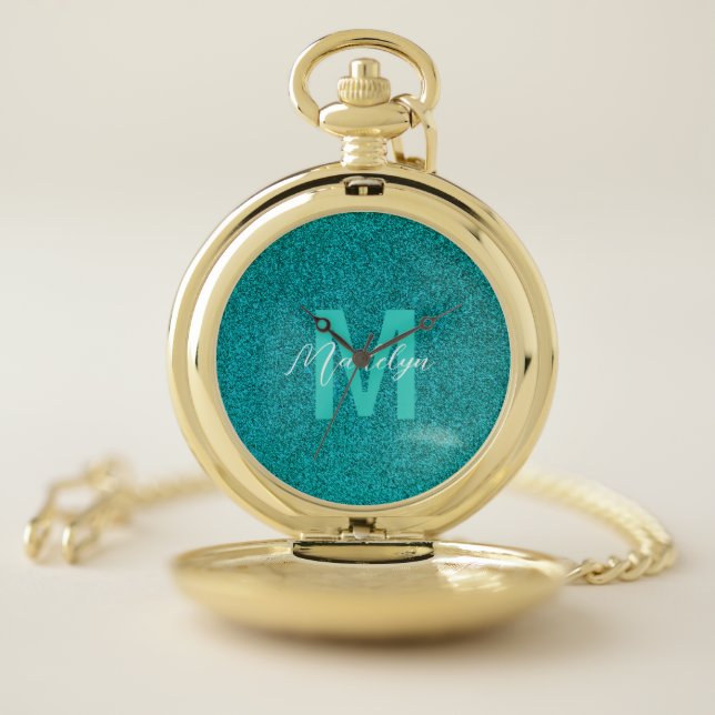 unique Green Blue Monogram Name  Pocket Watch (Inside)