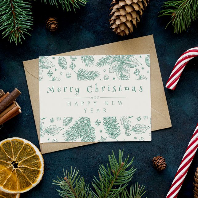 Unique Green Floral Line Art Merry Christmas Holiday Card (Creator Uploaded)