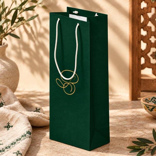 Unique Green & Gold Monogram Script Name  Wine Gift Bag (Creator Uploaded)