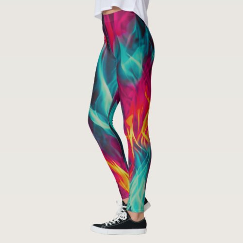 unique green pink fire flame waves pattern art  leggings