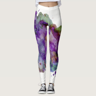 Unique Green & Purple Watercolor Paint Splatter Leggings