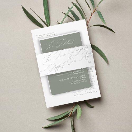 Unique Green Sage  Love Laughter Monogram Wedding Invitation Belly Band