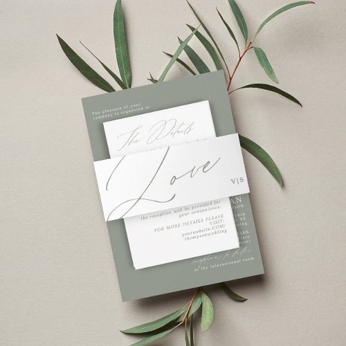 Unique Green Sage  Love Monogram Wedding Invitation Belly Band